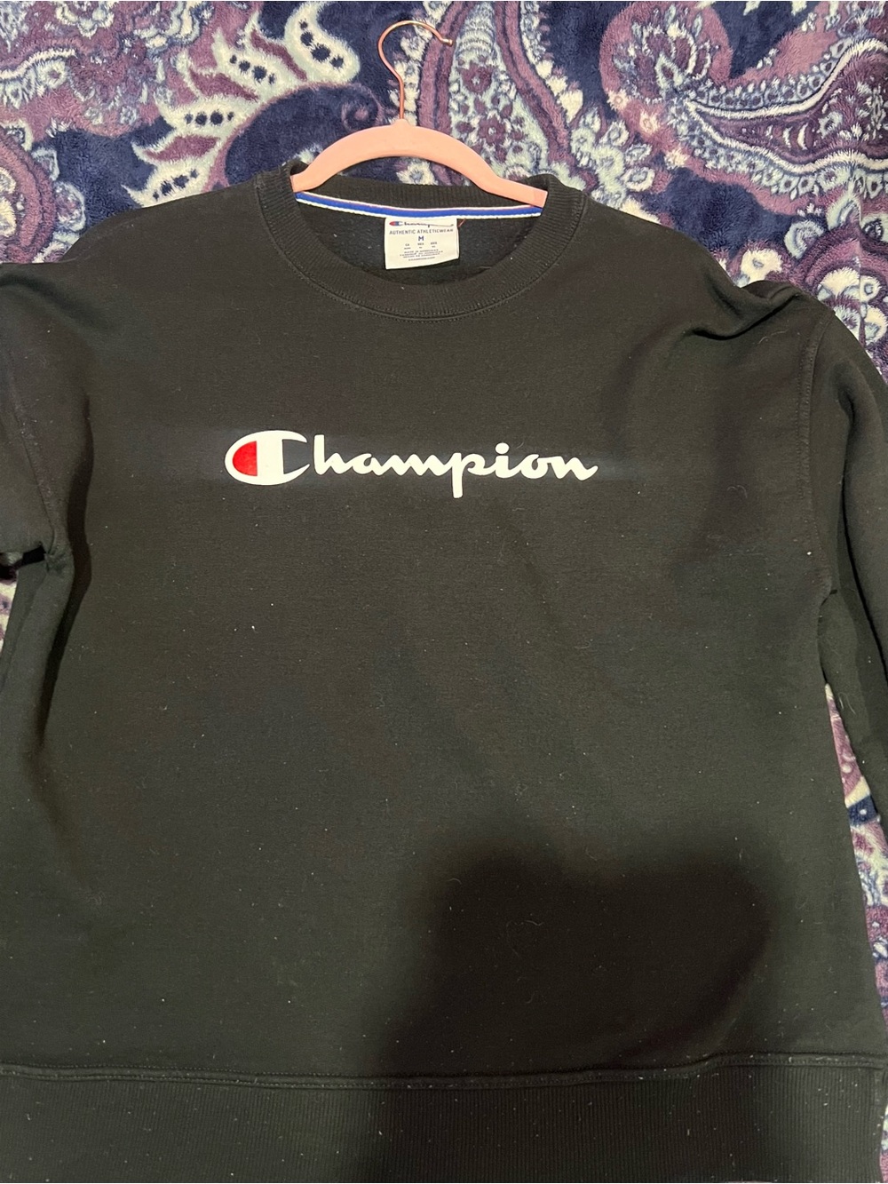 Champion Black Crewneck Sweatshirt with White Script and Red Accent